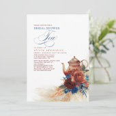 Navy Blue Terracotta Floral Vrijgezellenfeest Tea Kaart (Staand voorkant)