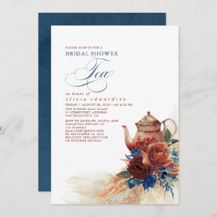 Navy Blue Terracotta Floral Vrijgezellenfeest Tea Kaart