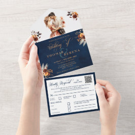 Navy Blue Terracotta QR-code All in One Bruiloft Uitnodiging