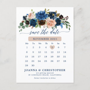 Navy Blue Terracotta Roos Botanical Save the Date Aankondigingskaart