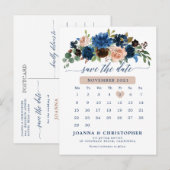 Navy Blue Terracotta Roos Botanical Save the Date Aankondigingskaart (Voorkant / Achterkant)