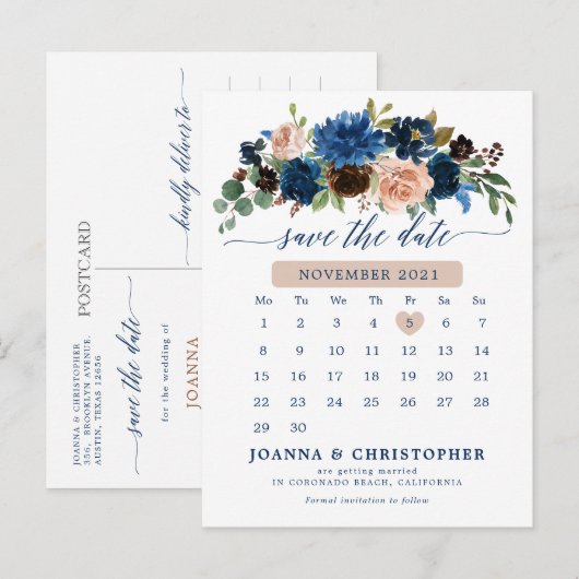 Navy Blue Terracotta Roos Botanical Save the Date Aankondigingskaart (Voorkant / Achterkant)