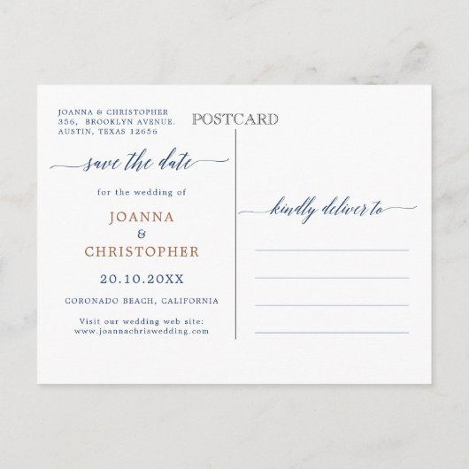 Navy Blue Terracotta Roos Botanical Save the Date Aankondigingskaart (Achterkant)