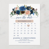 Navy Blue Terracotta Roos Botanical Save the Date Aankondigingskaart (Voorkant)