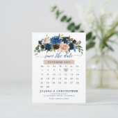 Navy Blue Terracotta Roos Botanical Save the Date Aankondigingskaart (Staand voorkant)