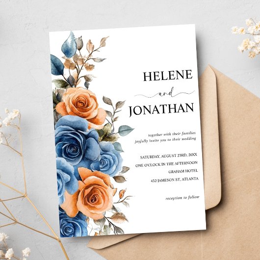 Navy Blue Terracotta Waterverf Elegant Huwelijk Kaart