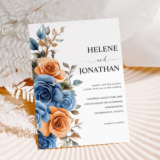 Navy Blue Terracotta Waterverf Elegant Huwelijk Kaart