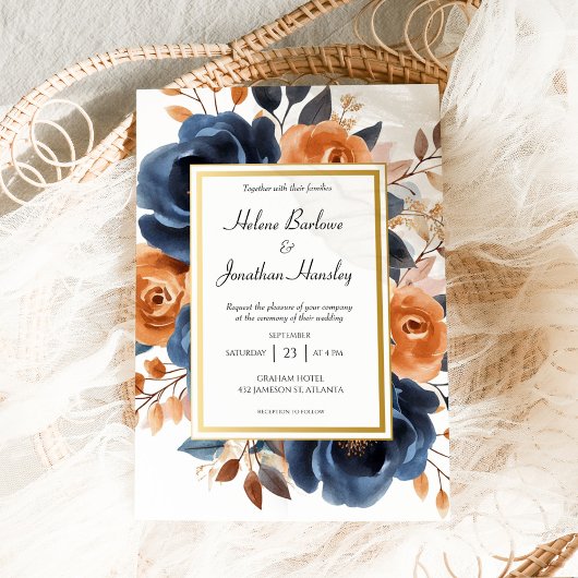 Navy Blue Terracotta Waterverf Elegant Huwelijk Kaart