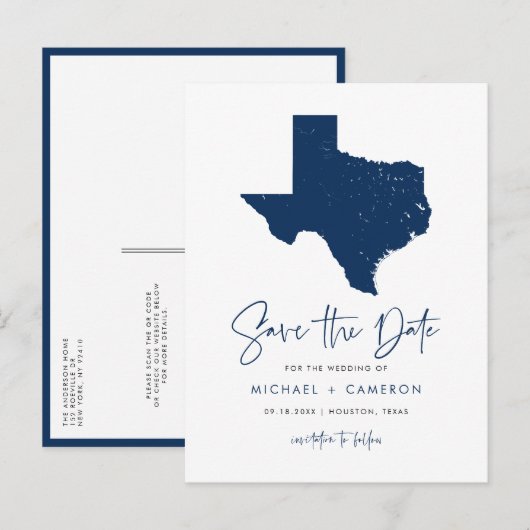 Navy Blue Texas State Map QR-code Save the Date Aankondigingskaart (Voorkant / Achterkant)