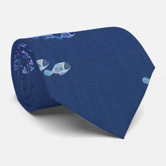 Navy Blue textuur met Blue fish repeat design Stropdas (Opgerold)