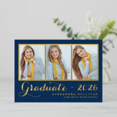 Navy Blue Three Photo Collage Afstuderen Folie Uitnodiging (Staand Voorkant)