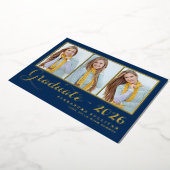 Navy Blue Three Photo Collage Afstuderen Folie Uitnodiging (Gedraaid)