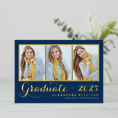 Navy Blue Three Photo Collage Afstuderen Folie Uitnodiging (Staand Voorkant)