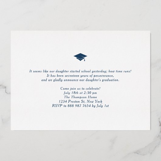 Navy Blue Three Photo Collage Afstuderen Folie Uitnodiging (Achterkant)