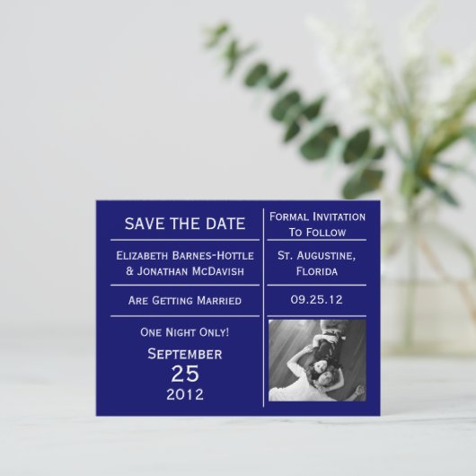 Navy Blue Ticket Foto Bewaar de datum Aankondigingskaart (Staand voorkant)