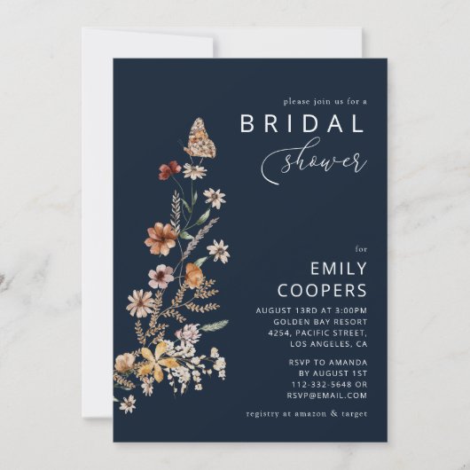 Navy Blue Tiny Wildflower Bridal Shower Uitnodigin Kaart (Voorkant)