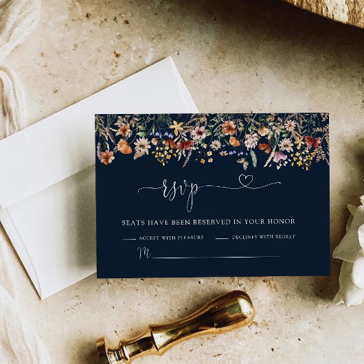 Navy Blue Tiny Wildflower bruiloft RSVP Kaart