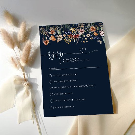 Navy Blue Tiny Wildflower bruiloft RSVP Kaart