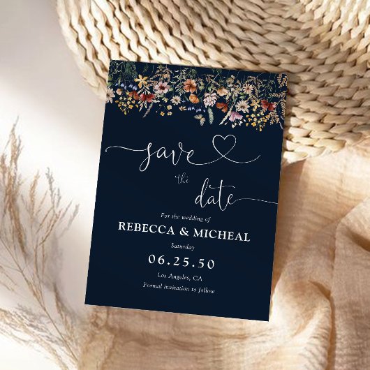Navy Blue Tiny Wildflower Save The Date Kaart