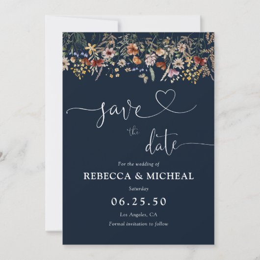 Navy Blue Tiny Wildflower Save The Date Kaart (Voorkant)