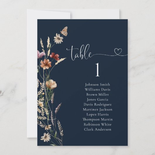 Navy Blue Tiny Wildflower Tafel Zitkaart Kaart (Voorkant)