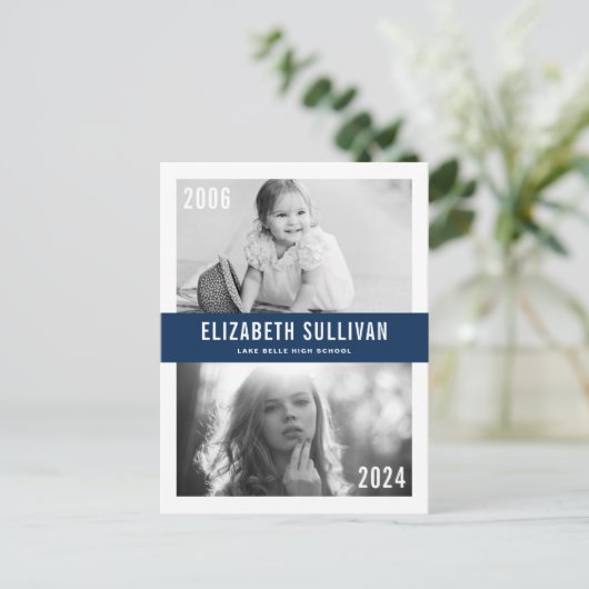 Navy Blue Toen en Nu Foto Collage Afstuderen Aankondigingskaart (Staand voorkant)