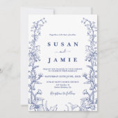 Navy Blue Toile Bruiloft uitnodiging (Voorkant)