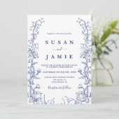 Navy Blue Toile Bruiloft uitnodiging (Staand voorkant)