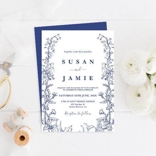 Navy Blue Toile Bruiloft uitnodiging
