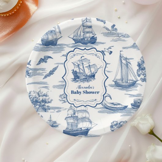 Navy Blue Toile Nautisch Baby shower Papieren Bordje