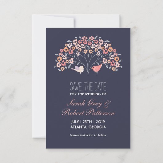 Navy Blue Tortelduifjes Flower Wedding Save the Da Date (Voorkant)