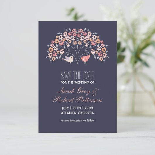 Navy Blue Tortelduifjes Flower Wedding Save the Da Date (Staand voorkant)