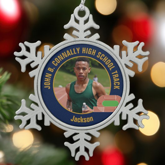 Navy Blue Track & Field Photo High School Runner Tin Sneeuwvlok Ornament