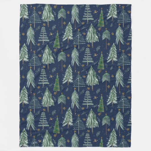 Navy Blue Tree Forest Waterverf Stars Bladerdak Fleece Deken (Voorkant)