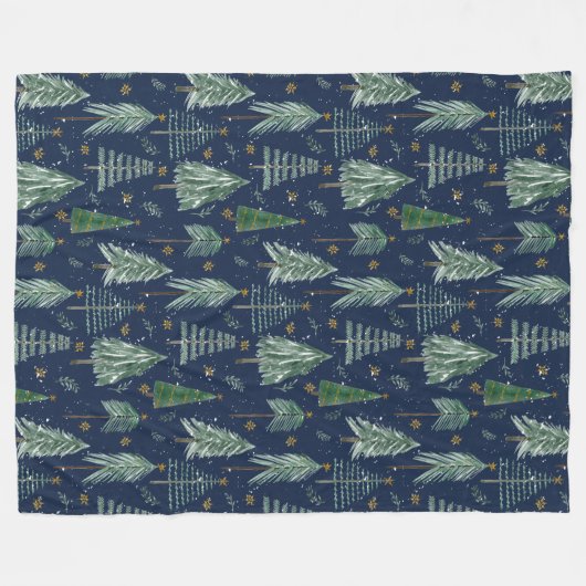 Navy Blue Tree Forest Waterverf Stars Bladerdak Fleece Deken (Voorkant (Horizontaal))