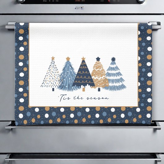 Navy Blue Trees Moderne Stippen Kerstnaam Theedoek