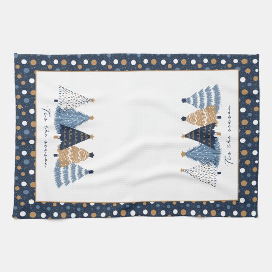 Navy Blue Trees Moderne Stippen Kerstnaam Theedoek (Horizontaal)