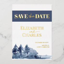 Navy Blue Trees Mountain Winter Save the Date Folie Uitnodiging