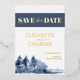Navy Blue Trees Mountain Winter Save the Date Folie Uitnodiging