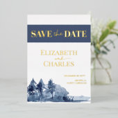 Navy Blue Trees Mountain Winter Save the Date Folie Uitnodiging (Staand Voorkant)