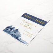 Navy Blue Trees Mountain Winter Save the Date Folie Uitnodiging (Gedraaid)