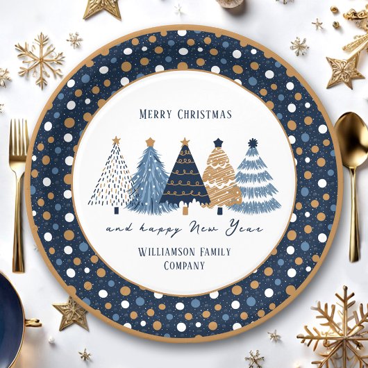 Navy Blue Trees Stippen Moderne kerstvakantie Papieren Bordje