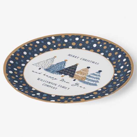 Navy Blue Trees Stippen Moderne kerstvakantie Papieren Bordje (Gekanteld)