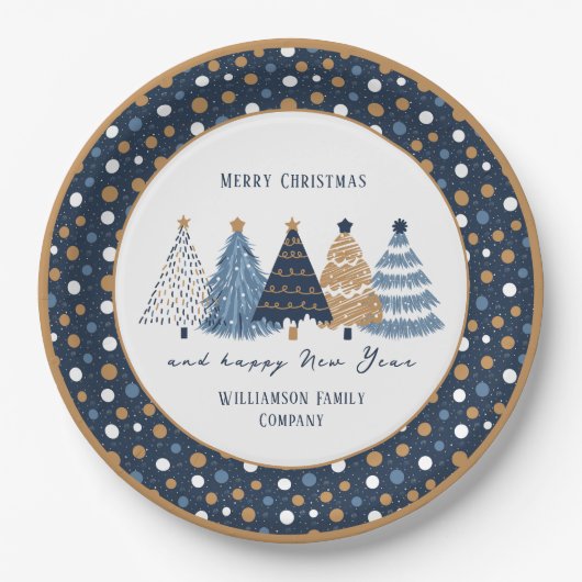 Navy Blue Trees Stippen Moderne kerstvakantie Papieren Bordje (Voorkant)