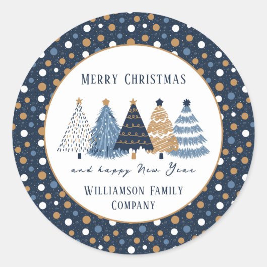 Navy Blue Trees Stippen Moderne naam Kerstvakantie Ronde Sticker (Voorkant)