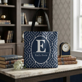 Navy Blue Trellis Monogram Personalized Custom Tote Bag