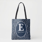Navy Blue Trellis Monogram Personalized Custom Tote Bag (Voorkant)