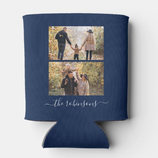 Navy Blue Trendy Script 2 Photo Collage Custom Blikjeskoeler (Achterkant)