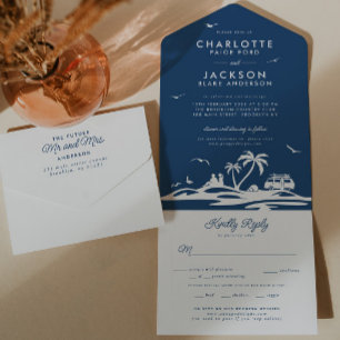 Navy Blue Tropical Beach Seaside Boho RSVP Wedding All In One Uitnodiging