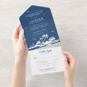 Navy Blue Tropical Beach Seaside Boho RSVP Wedding All In One Uitnodiging (Afscheurbaar)